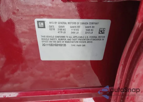 2016 Chevrolet Impala 2Lt z USA, uszkodzony, nr VIN 2G1115S31G9169135